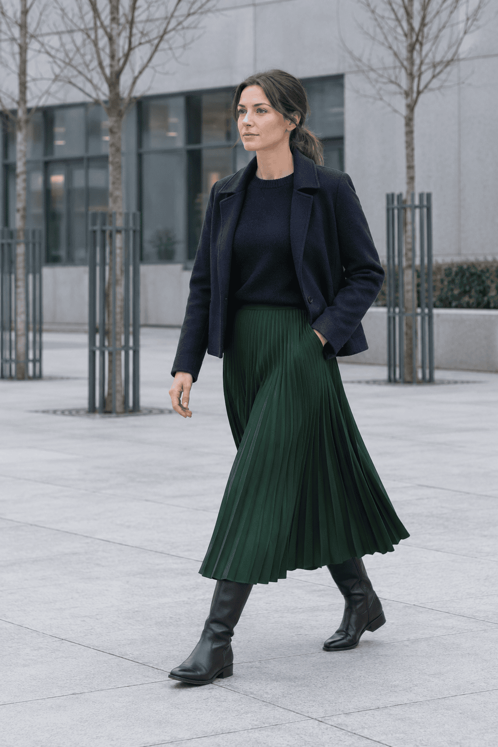 old money winter color combination navy and forest green: navy cashmere crewneck tucked into a forest green pleated midi skirt with flat black riding boots