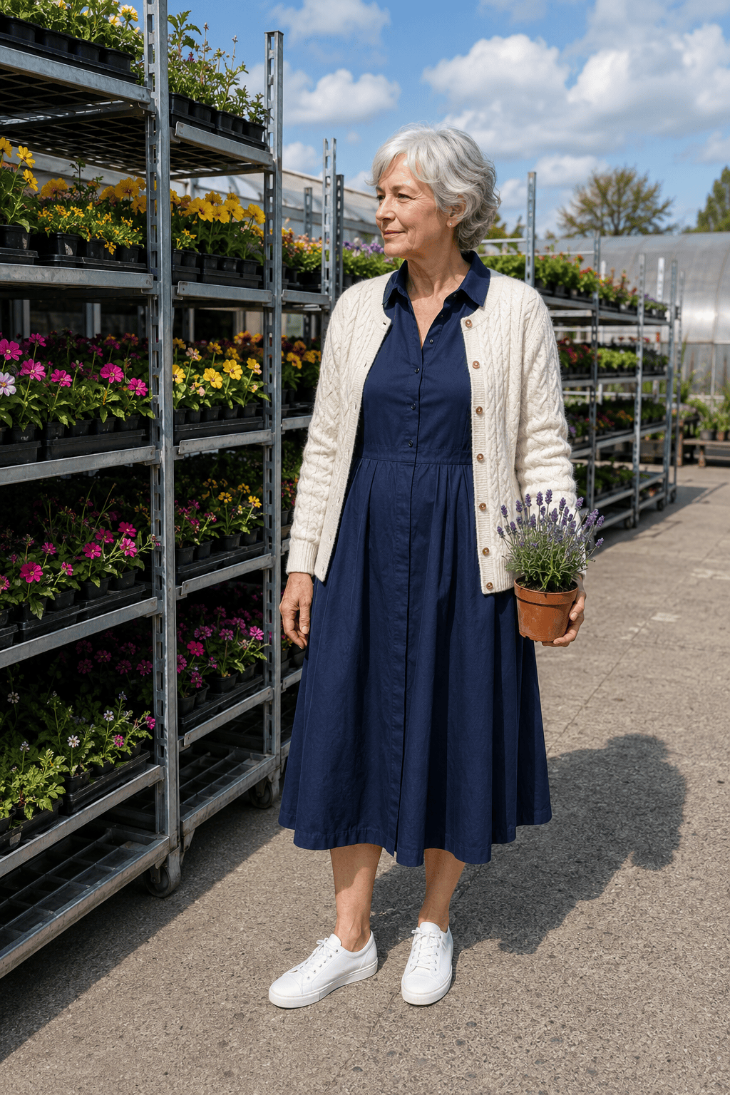 weekend spring outfit for women over 60: solid navy cotton poplin midi shirtdress with a sandstone cable-knit cardigan and white canvas sneakers