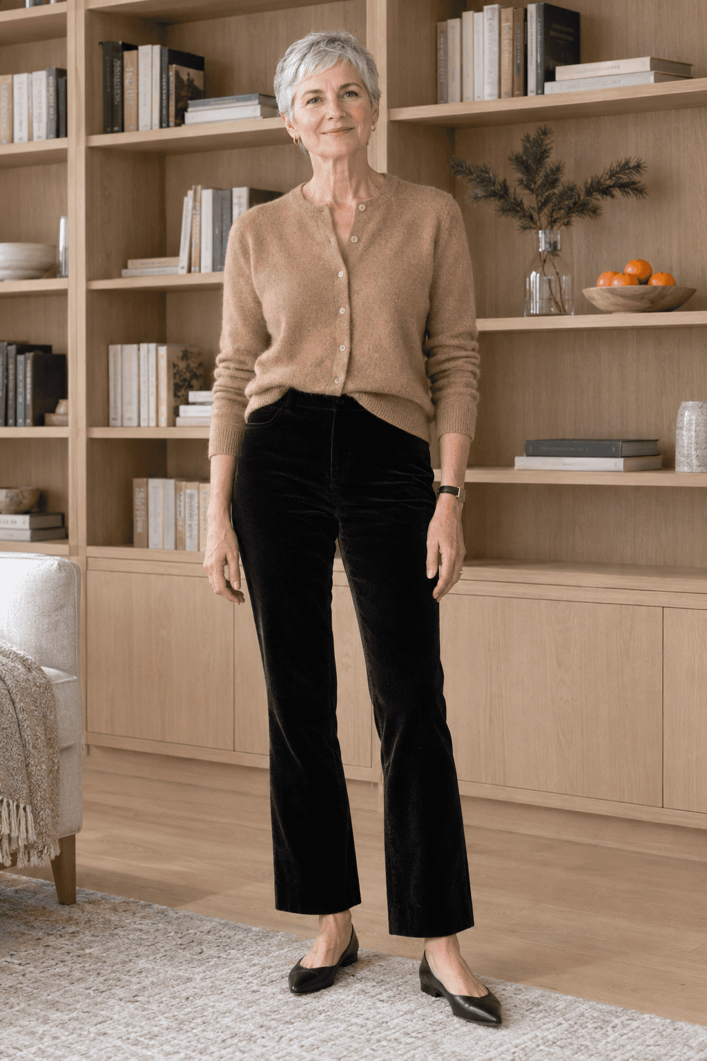 holiday cardigan outfit over 60: camel cashmere crewneck cardigan buttoned and front-tucked into high-waisted black velvet trousers