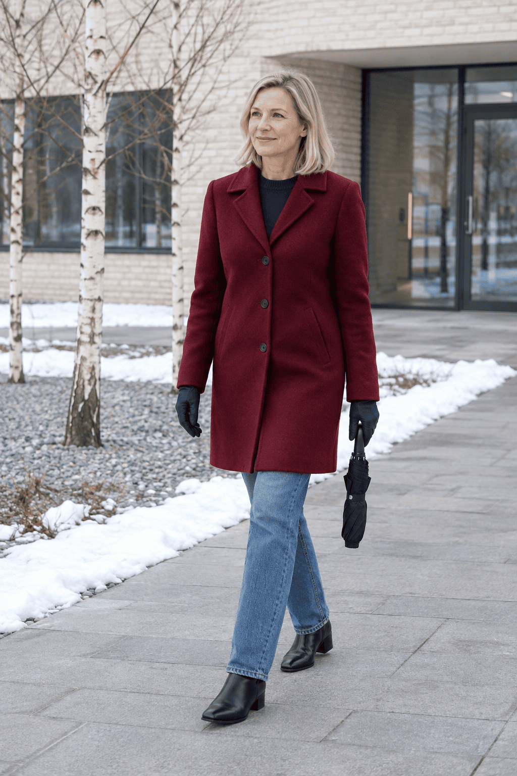 elegant winter outfit for women over 50: deep berry red wool coat over a navy crewneck sweater, blue straight jeans and black ankle boots