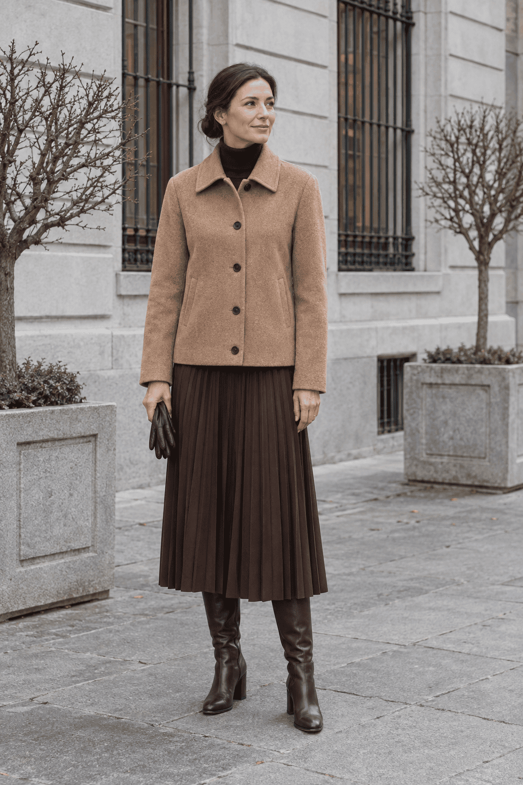 italian old money winter outfit: camel-tan short wool-cashmere jacket, chocolate cashmere turtleneck, chocolate pleated midi skirt and dark brown leather knee boots