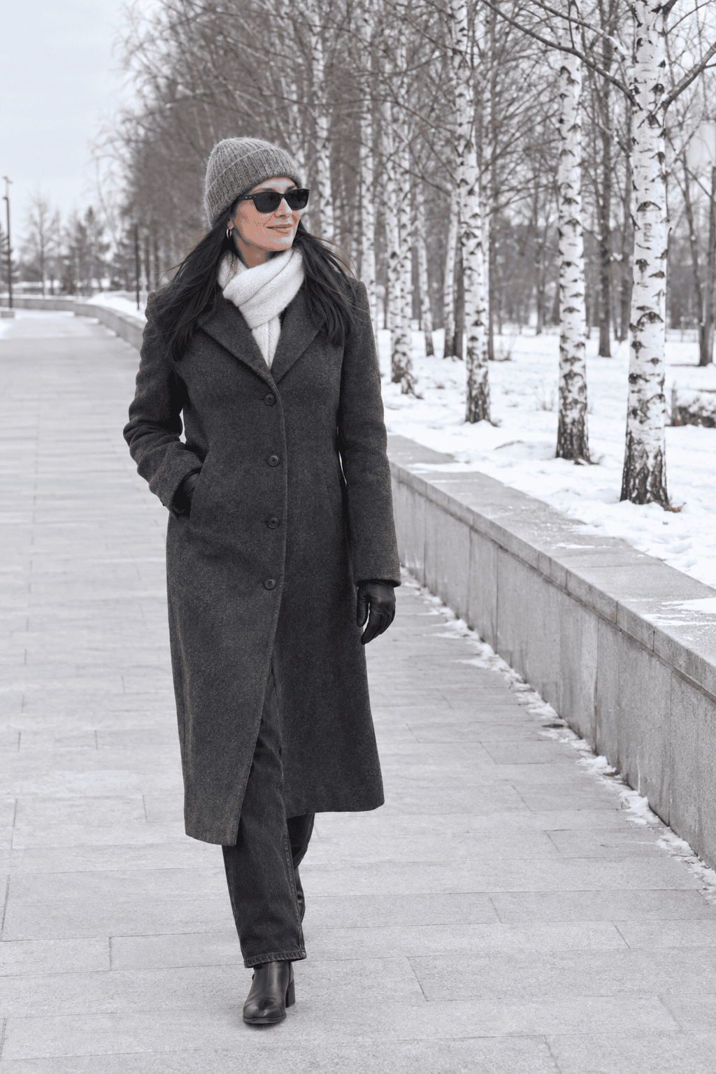 how to look put together in winter: woman standing relaxed and upright in a buttoned wool coat, scarf and boots on a cold overcast street