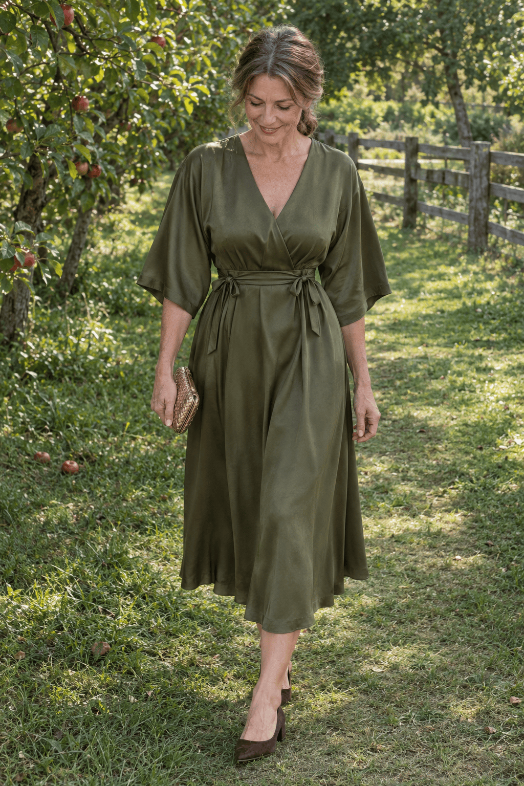 mother of the bride outfit in olive green: sueded satin V-neck midi dress with kimono sleeves and a bow waist, dark brown suede block-heel pumps and a soft gold clutch