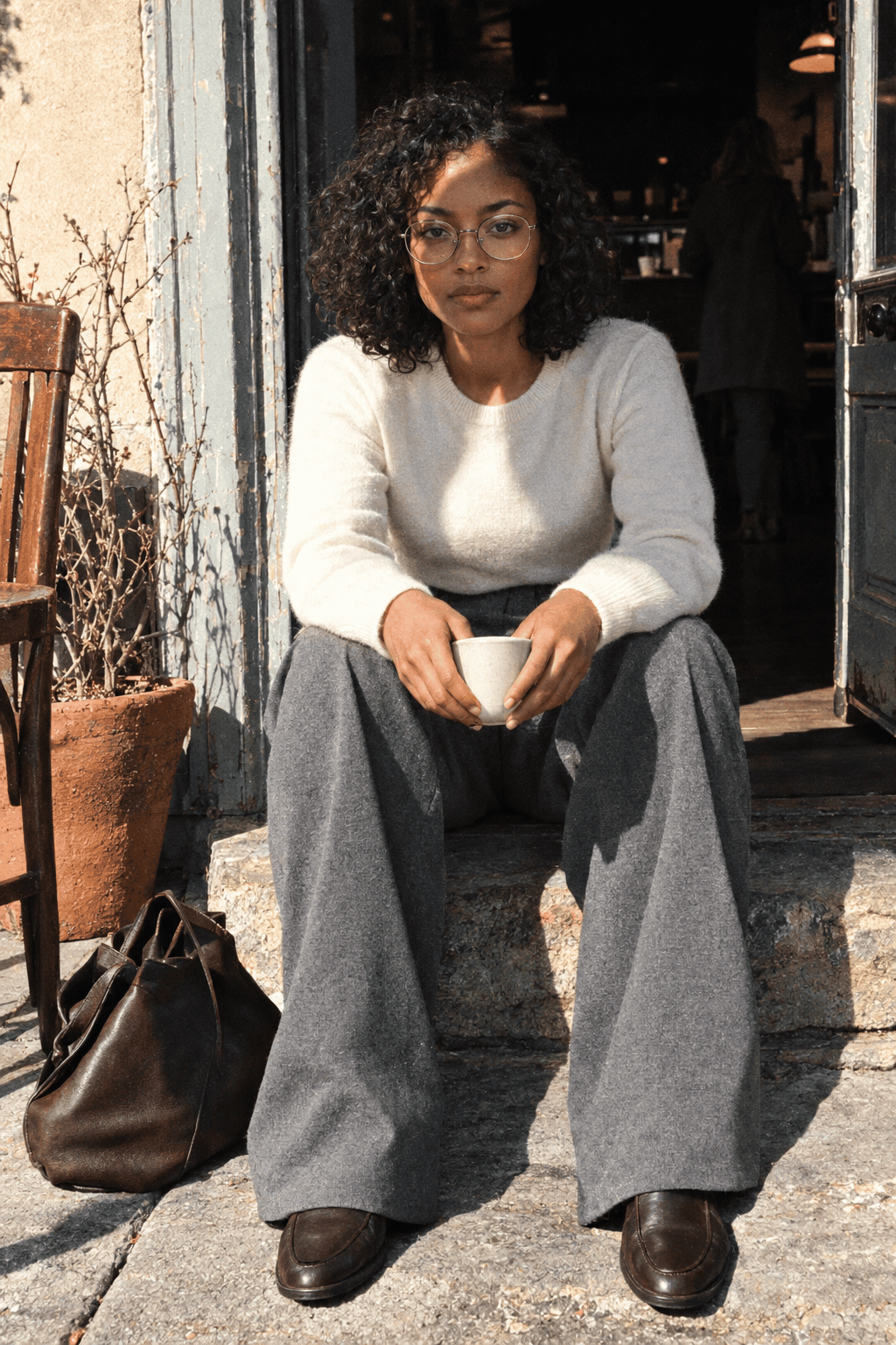neutral capsule wardrobe office outfit: ivory cashmere crewneck with grey pleated wide-leg trousers and dark brown leather loafers
