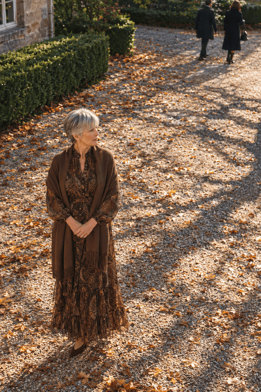 autumn country-house wedding guest outfit for women over 70: brown paisley long-sleeve tiered chiffon maxi dress with a brown cashmere wrap and dark brown suede block-heel pumps