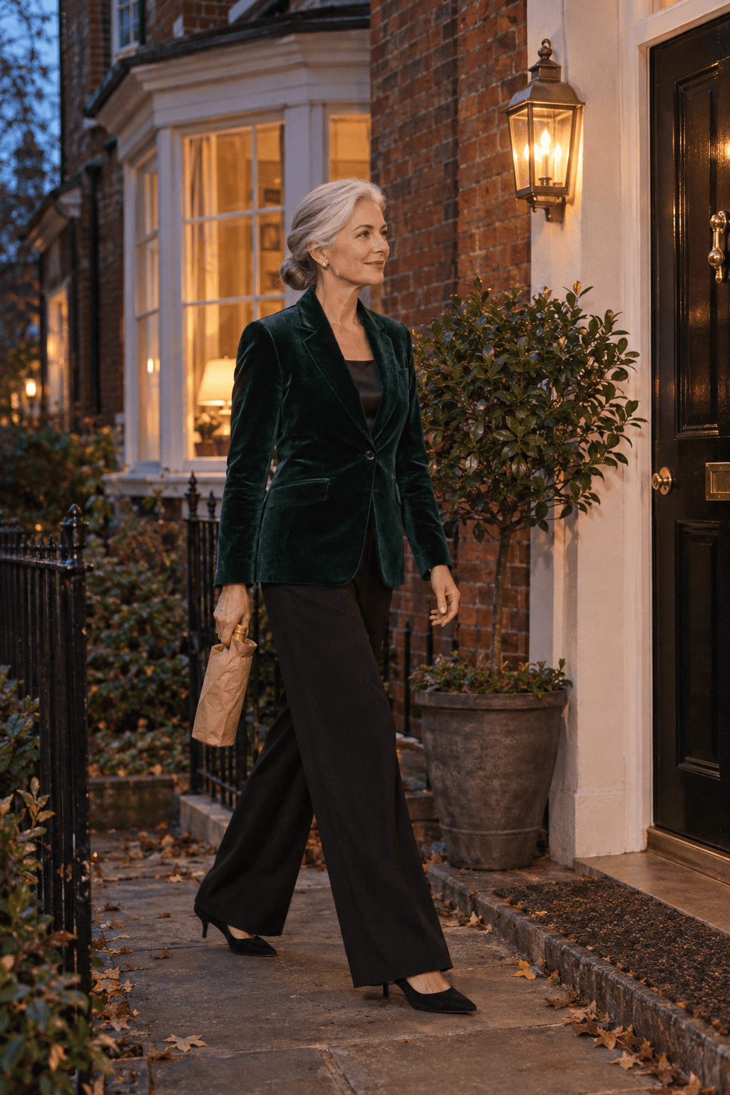 classy holiday dinner outfit for women over 60: emerald velvet blazer, black wide-leg trousers and black suede kitten-heel pumps
