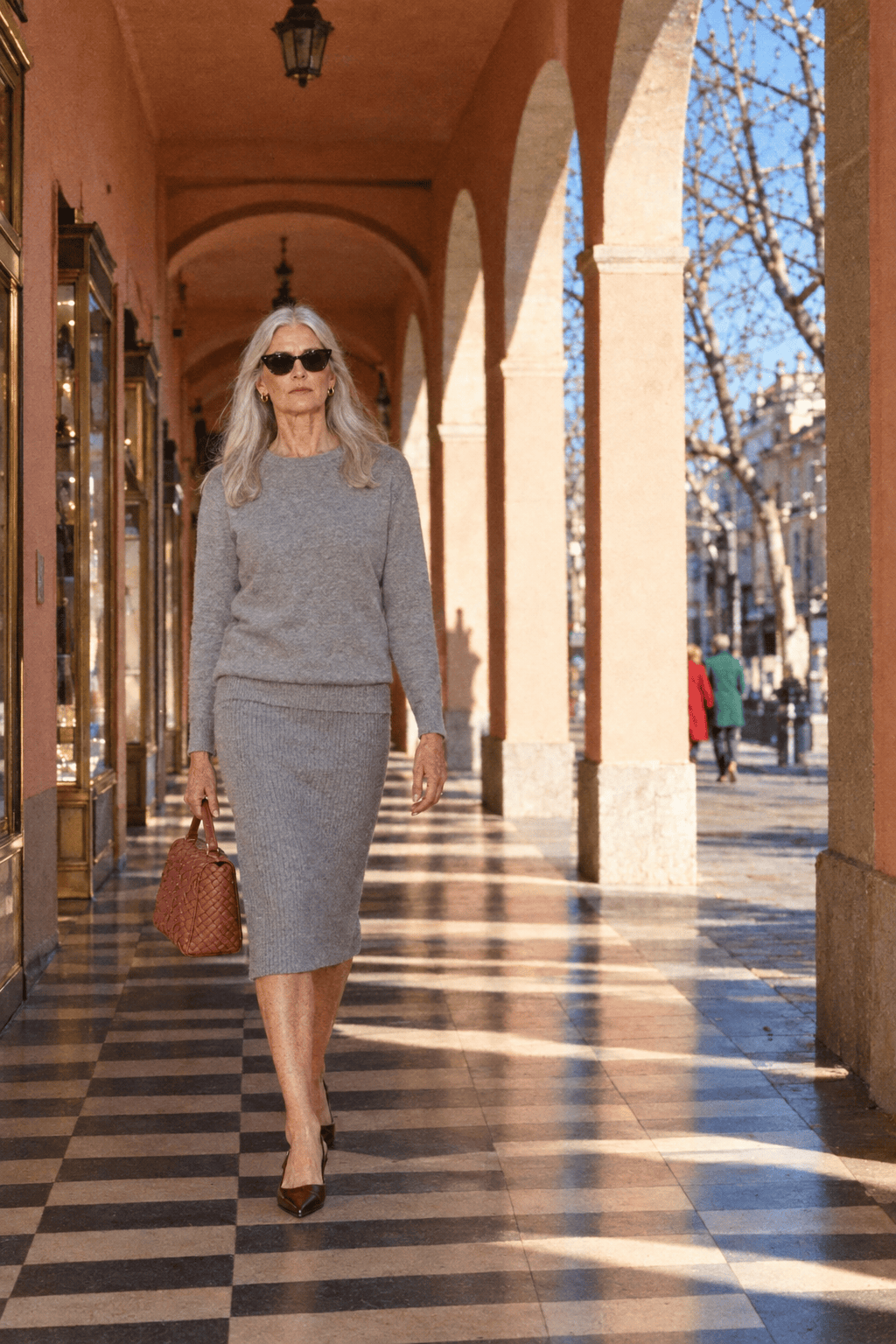 polished winter lunch outfit for elegant women in their 70s: heather gray cashmere crewneck with a matching ribbed knit skirt just below the knee, wine kitten-heel slingbacks and a muted brick-rose satchel