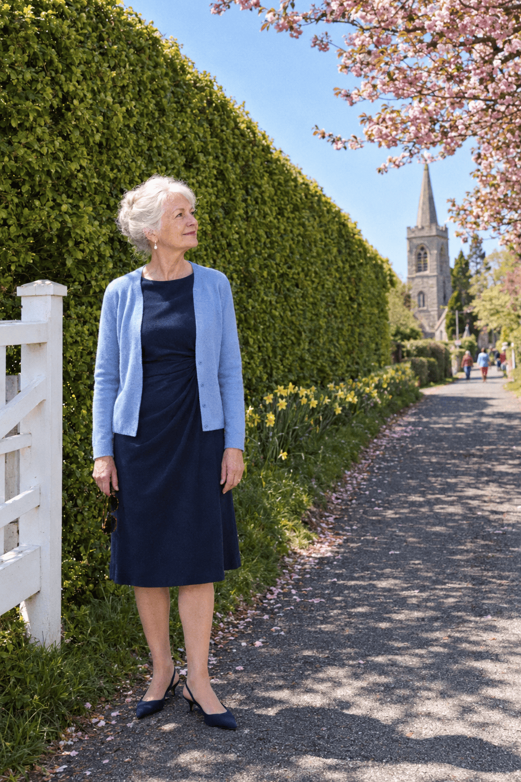 petite spring church outfit for women in their 70s: solid navy elbow-sleeve dress just below the knee, soft blue merino cardigan worn open and navy suede slingbacks