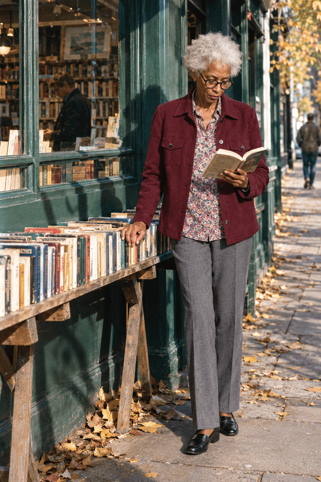 elegant book club outfit for a woman in her 80s: deep wine merino wool shirt jacket worn open over a purple floral cotton shirt with flat black leather loafers