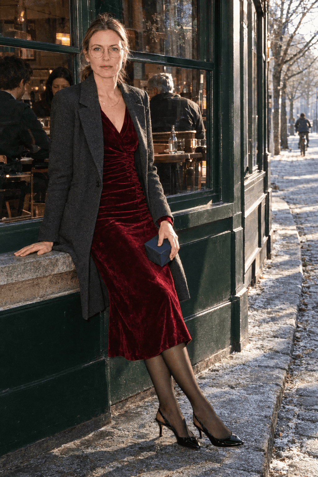 red dress outfit for a January birthday dinner: deep wine ruched velvet midi dress with long sleeves and a tailored charcoal wool coat