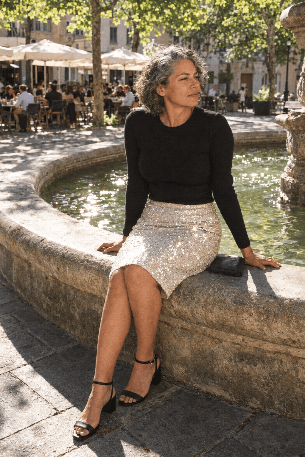 champagne sequin skirt outfit for a birthday dinner: pale champagne knee-length sequin skirt, black long-sleeve crewneck bodysuit and black block-heel sandals