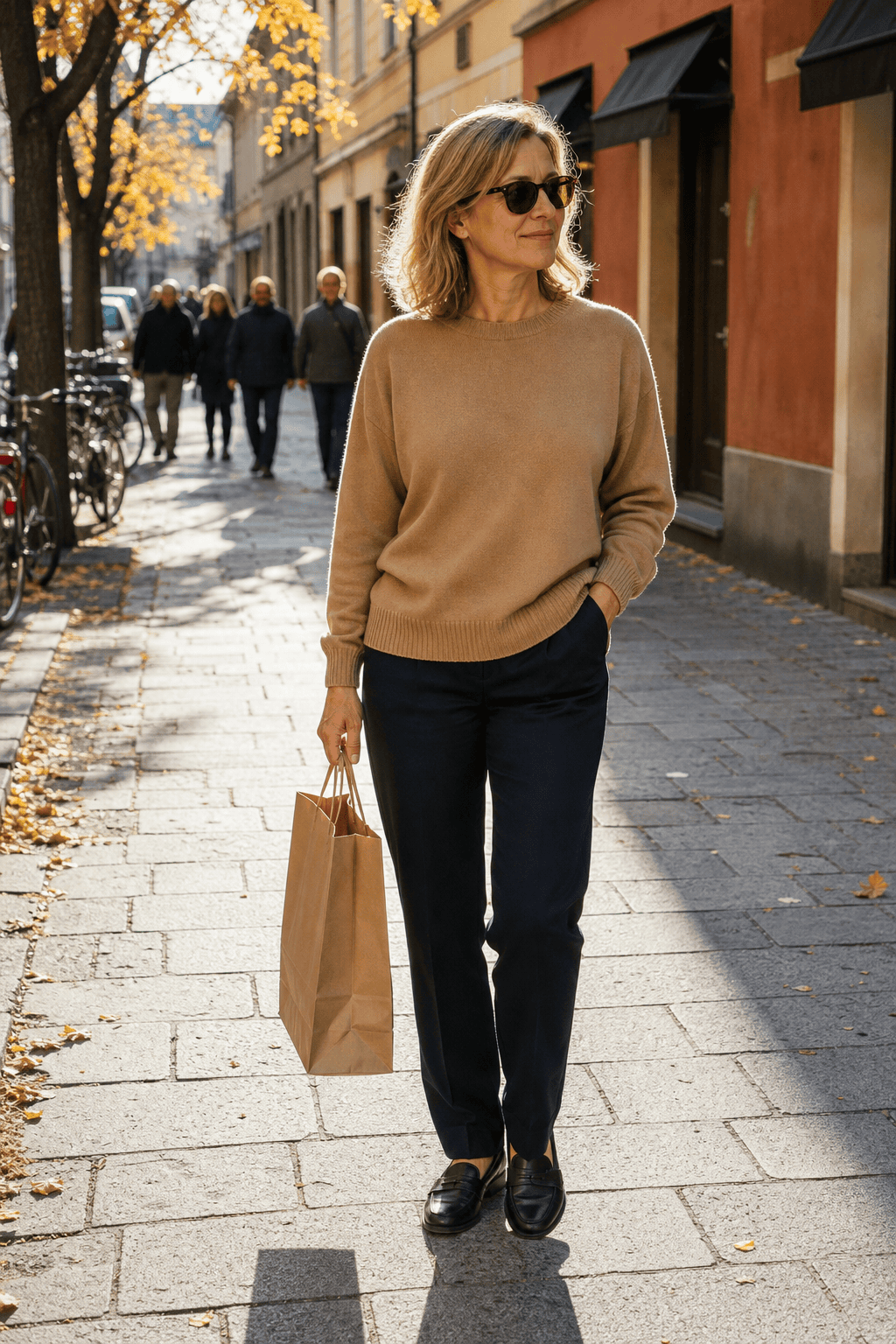 Why is Massimo Dutti so expensive: woman in a camel sweater and wool trousers carrying a paper shopping bag