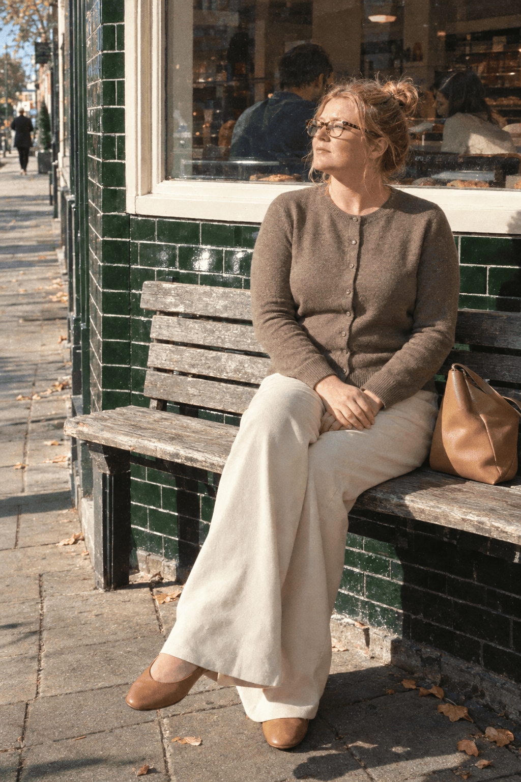 Old money clothing brands for women: Reformation taupe cashmere cardigan with high-waisted trousers