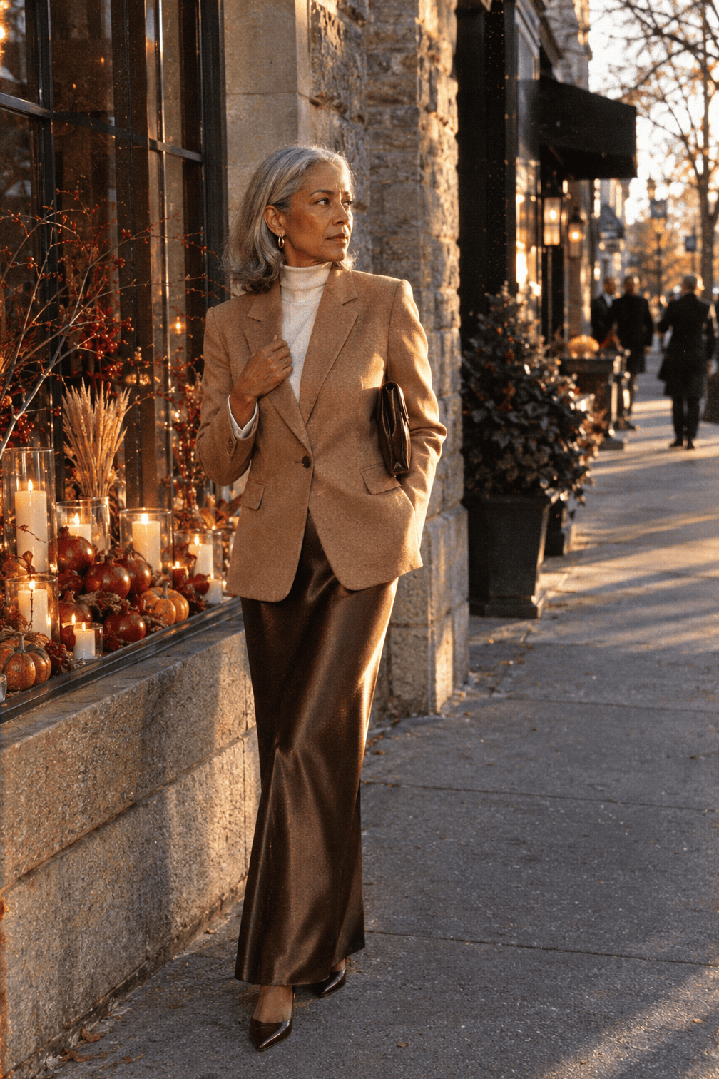 elegant thanksgiving outfit for women over 60: dark brown satin skirt, off-white cashmere turtleneck and camel blazer