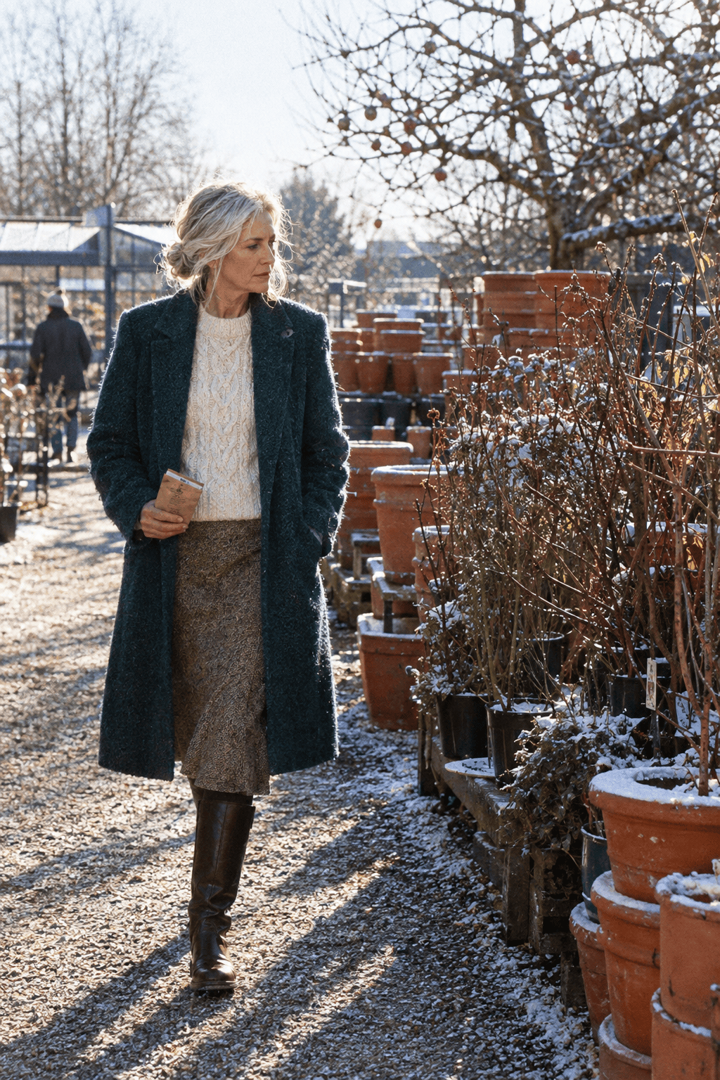 women over 60 winter outfit: dark teal wool bouclé coat, ivory cashmere cable sweater, tweed midi skirt and dark brown knee-high riding boots