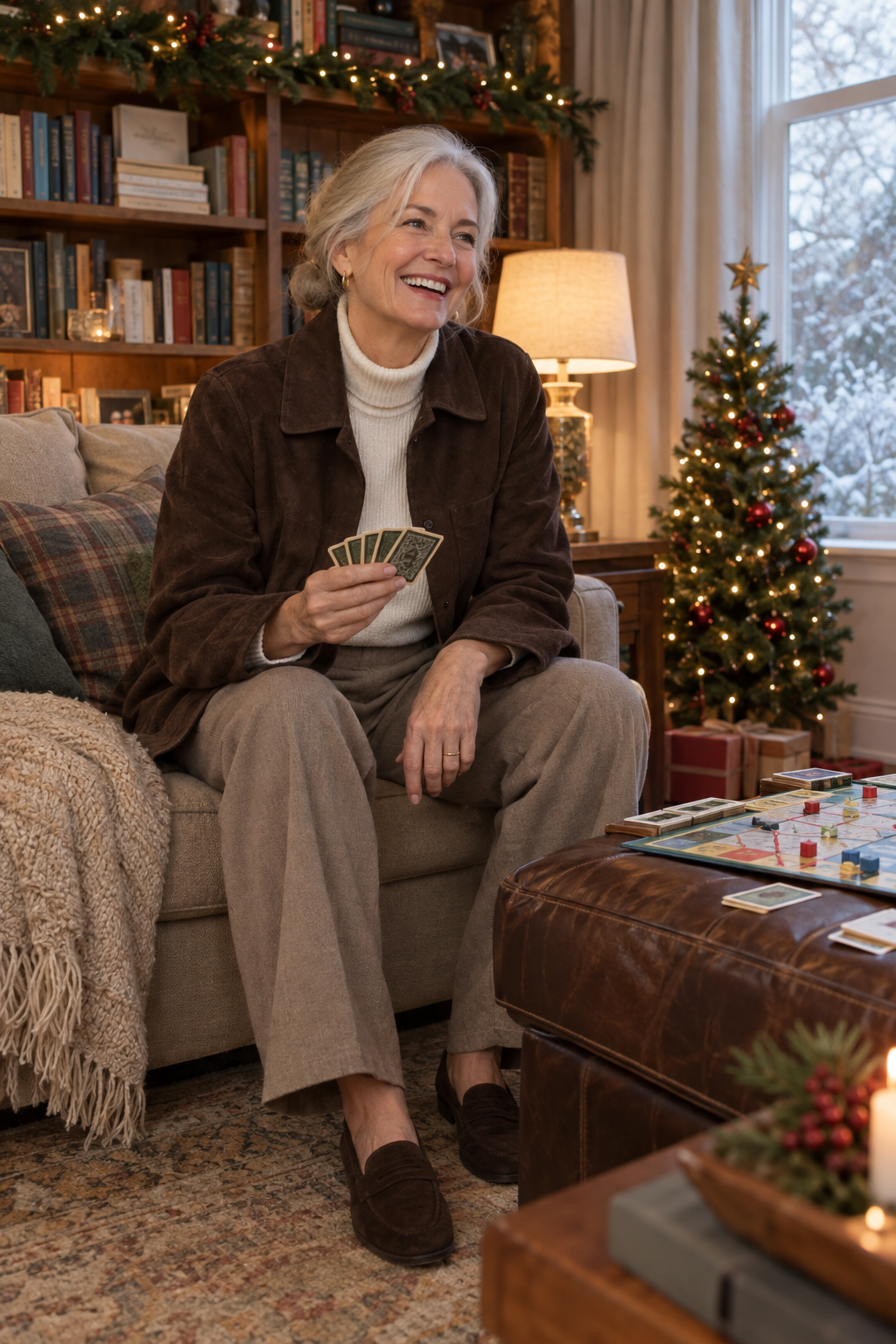 christmas afternoon outfit for women over 60: chocolate faux suede chore jacket, winter white ribbed turtleneck, taupe wide-leg trousers and suede loafers