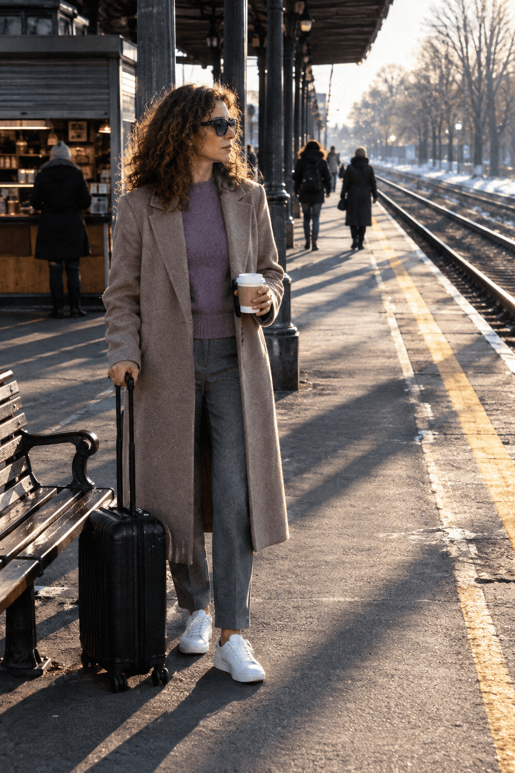 casual winter outfit: dusty purple cashmere sweater, grey knit pants, long taupe wool-cashmere coat worn open and white leather sneakers