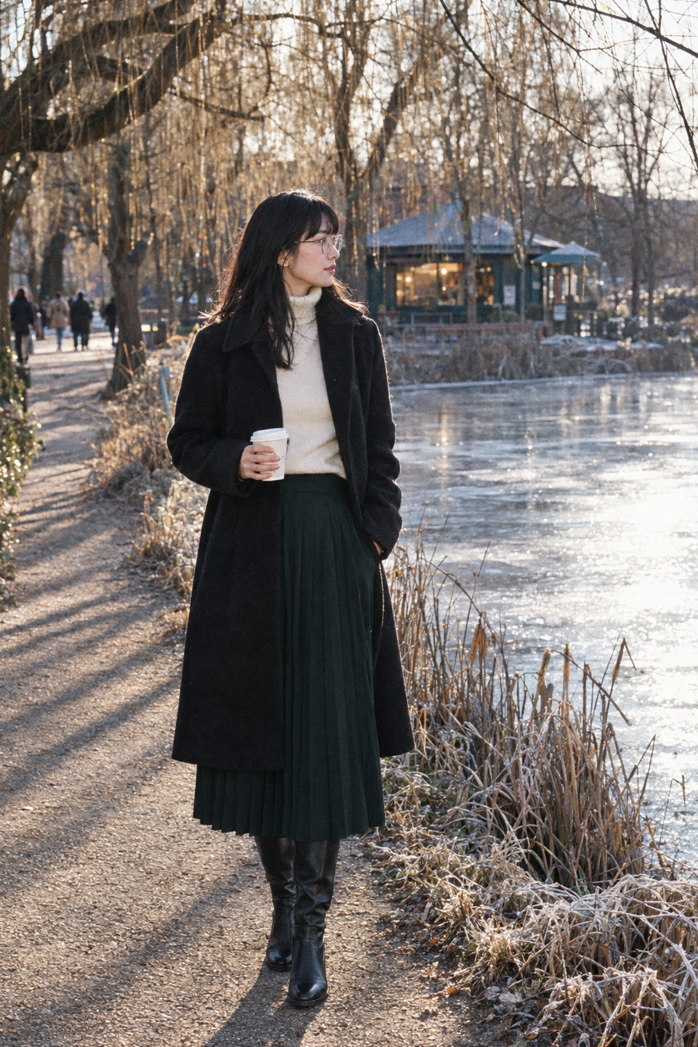 winter date night outfit: forest green pleated skirt with an ivory cashmere turtleneck, black knee-high boots and a black funnel-neck wool-blend long coat