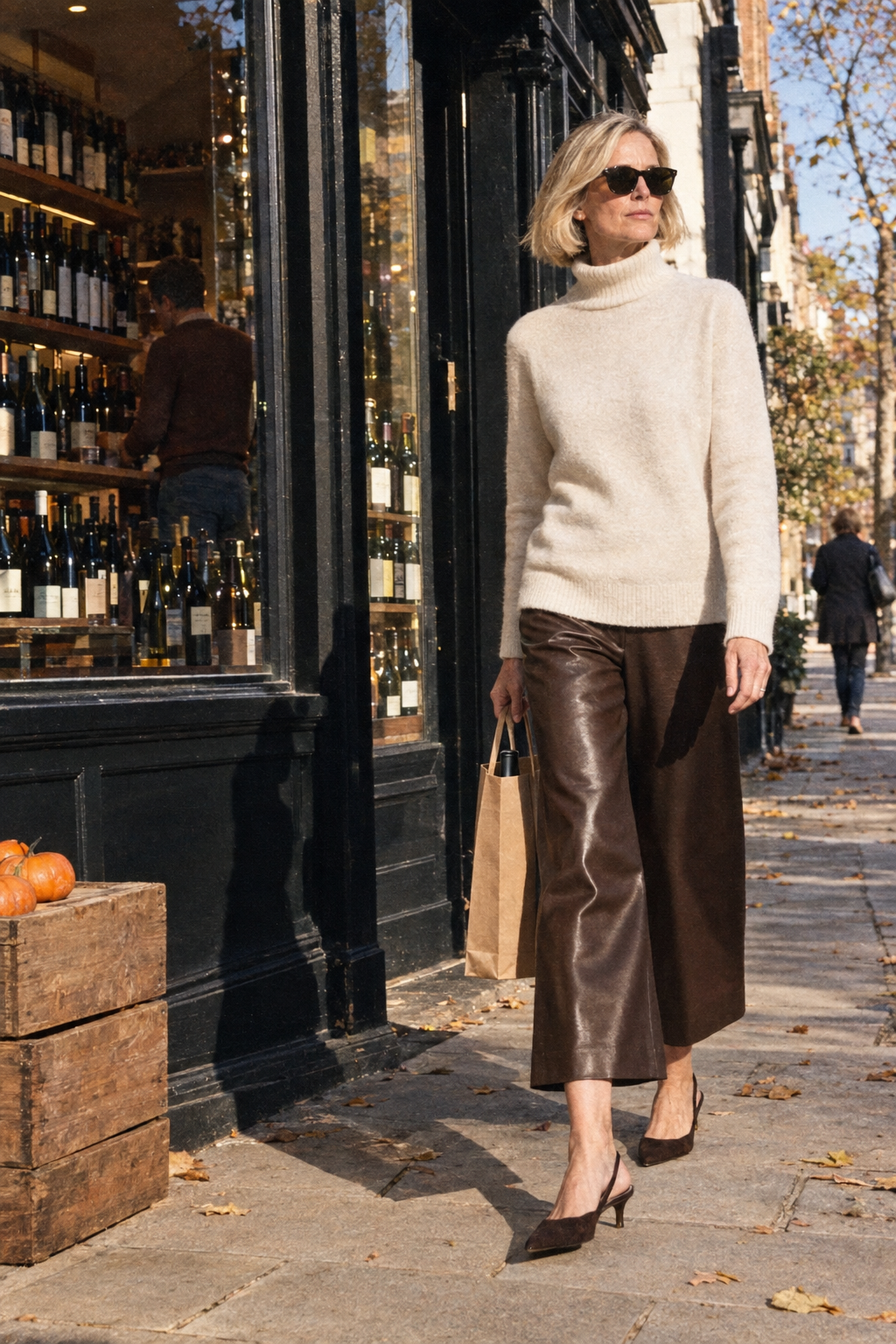Friendsgiving dinner party outfit: off-white cashmere turtleneck, dark brown faux-leather cropped wide-leg trousers and dark brown suede kitten-heel slingbacks