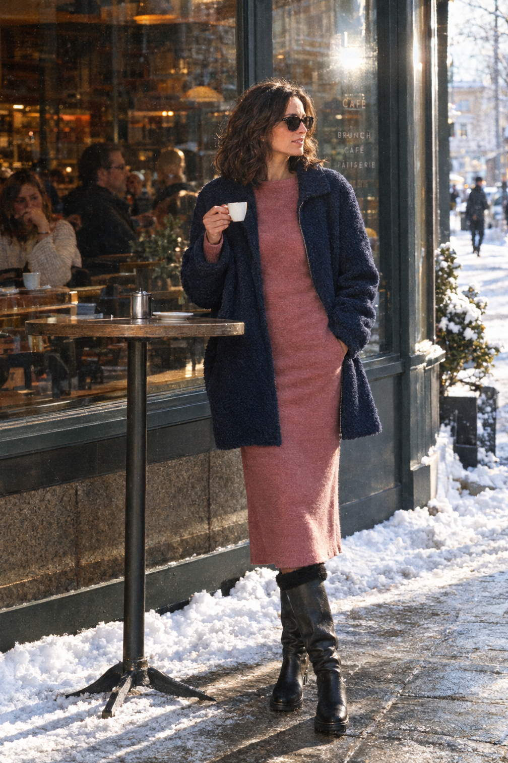 snow outfits for women: navy bouclé fleece coat, dusty rose alpaca sweater dress and black waterproof shearling-cuff tall boots outside a snowy cafe