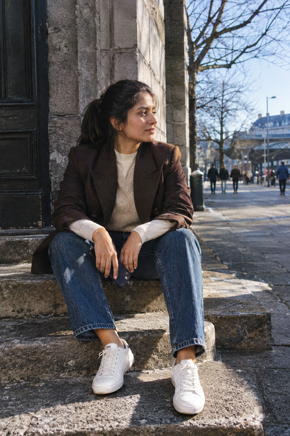 layered winter airport outfit: dark brown double-breasted blazer over a beige mock-neck sweater vest with indigo barrel-leg jeans