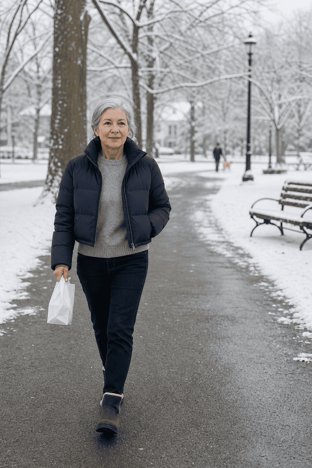 petite winter outfit for women over 60: cropped navy puffer jacket, heather gray cashmere crewneck, dark slim jeans and brown shearling boots