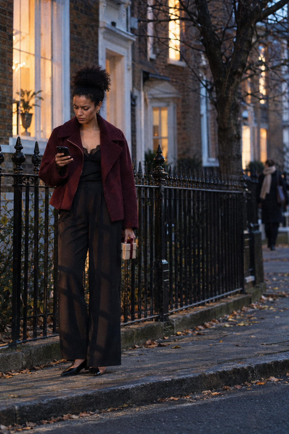 dinner party outfit ideas for guests: burgundy double-faced wool jacket with a black lace-trim camisole and black wide-leg trousers