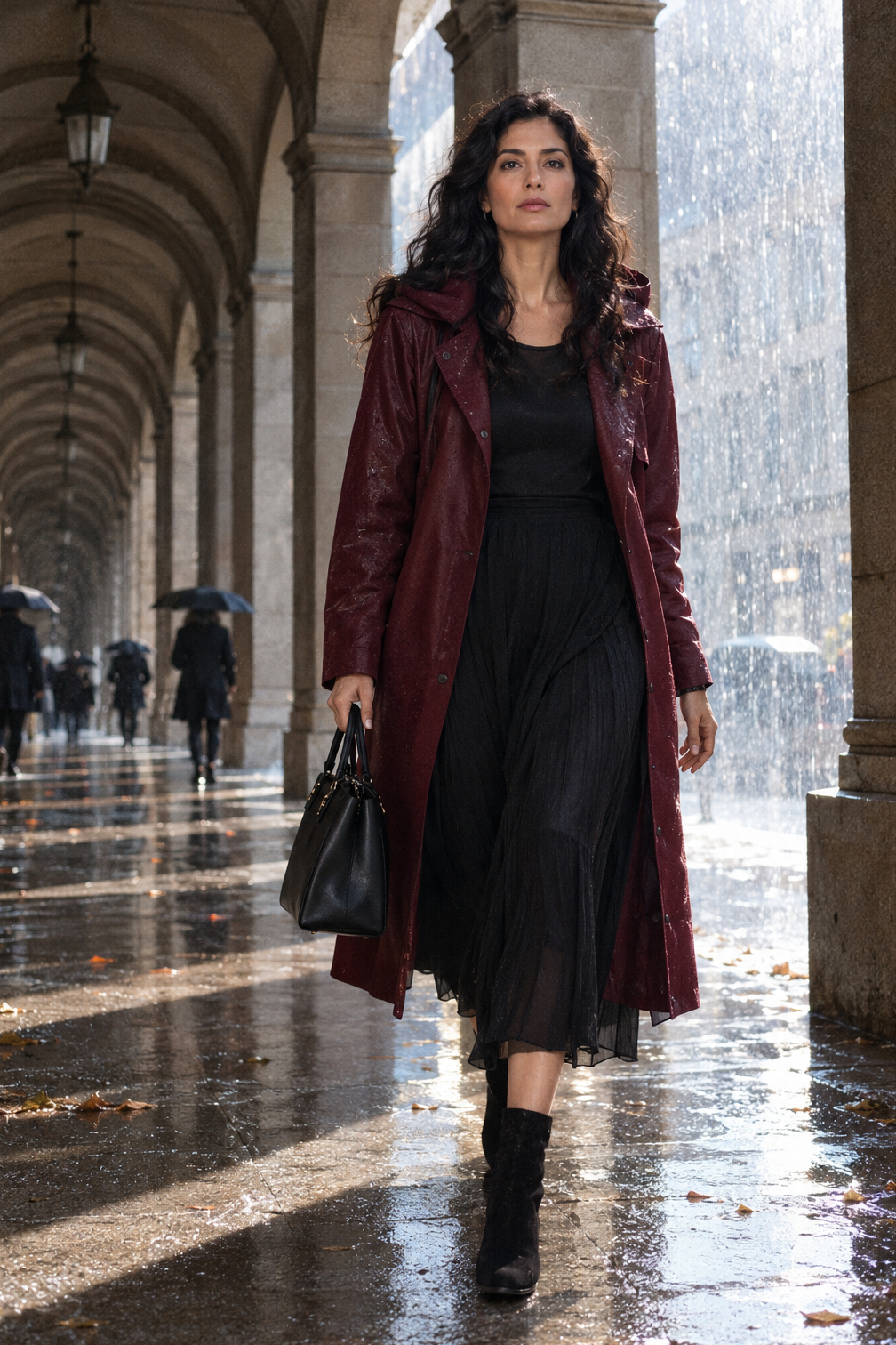rainy day work outfit: burgundy hooded weatherproof trench, black pleated midi skirt and black suede waterproof block-heel booties