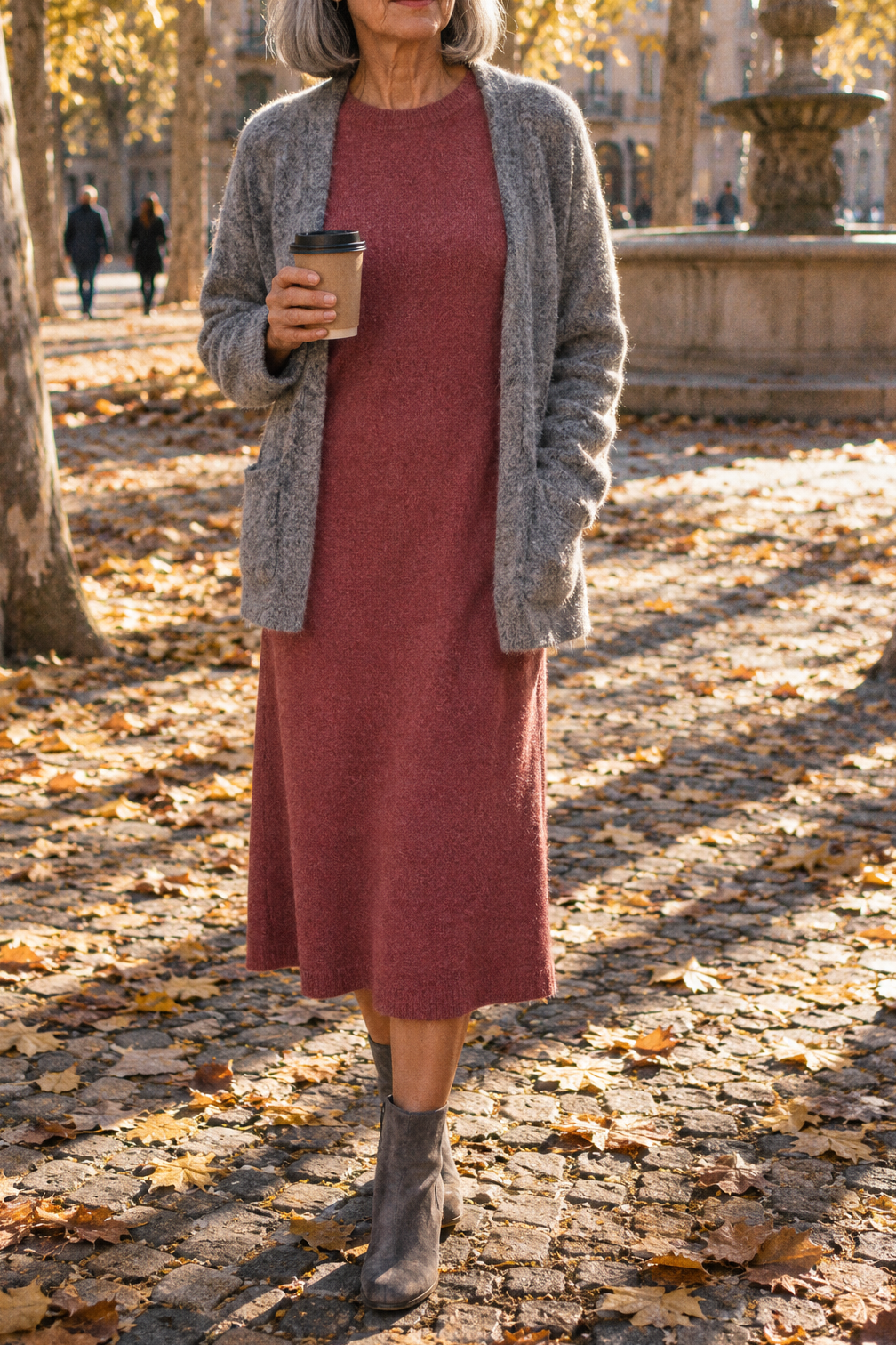 November send-off brunch outfit for the mother of the groom over 60: dusty-rose alpaca knit midi dress, heather grey alpaca cardigan and grey suede ankle boots