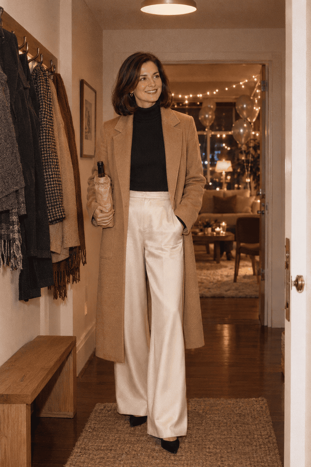 classy new years eve house party outfit: cream satin wide-leg trousers with a black fitted turtleneck and a long camel wool topcoat