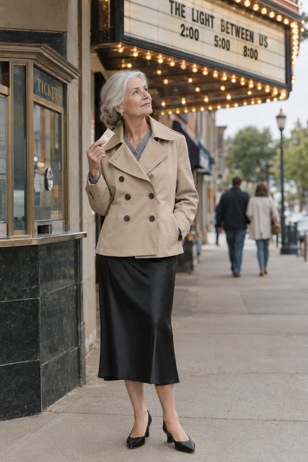 stylish spring outfit idea for older women: black satin midi skirt with a grey cashmere cardigan and a cropped beige trench