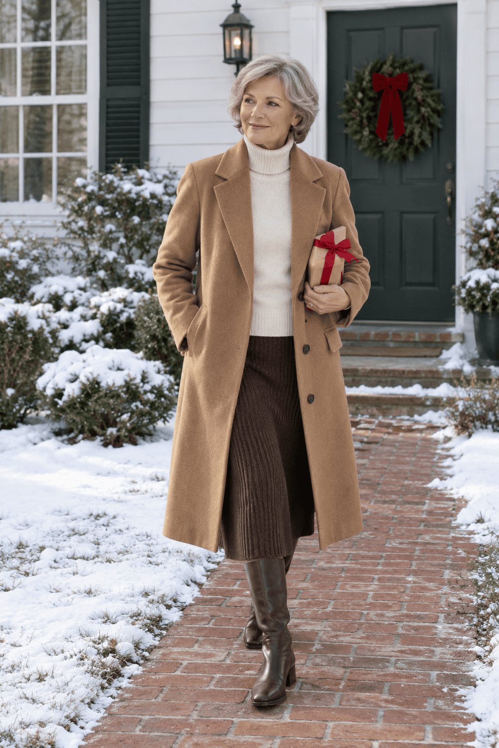 holiday visit outfit for women over 60: camel wool coat over a cream turtleneck, brown cashmere midi skirt and chocolate leather boots