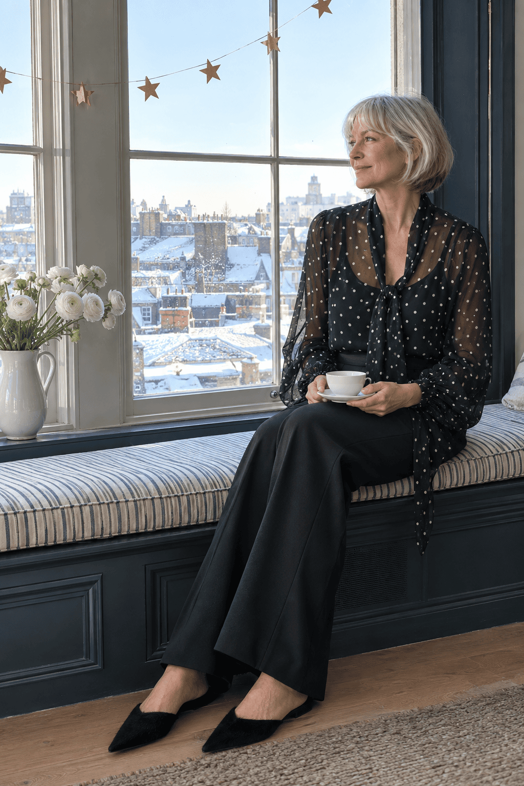 new years eve outfit for women over 60: sheer black polka-dot silk blouse over a black silk camisole, black wide-leg trousers and black calf-hair pointed flats