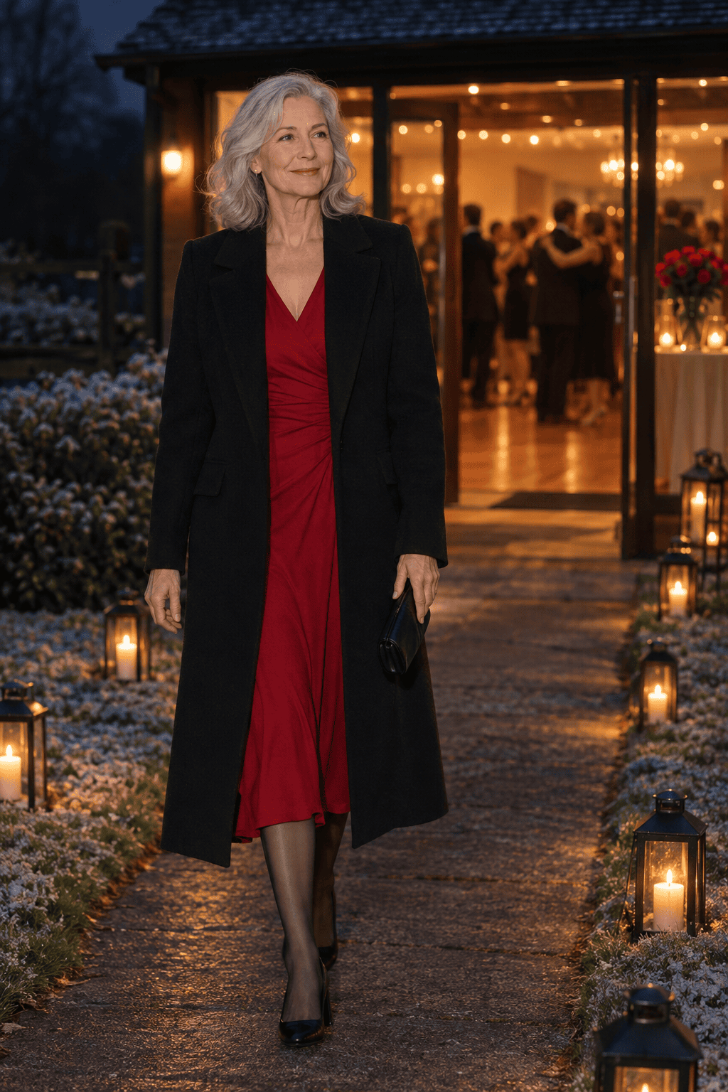 Valentine's dinner dance outfit for women over 60: crimson red long-sleeve jersey dress with a ruched waist, long black wool topcoat and black block-heel pumps
