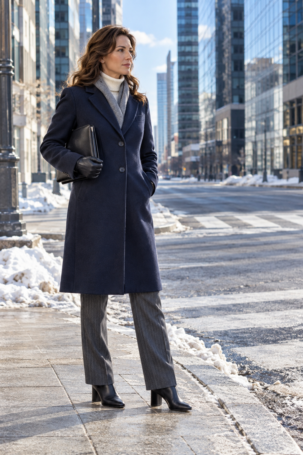 navy double-face wool topcoat over an ivory cashmere turtleneck and grey pinstripe trousers with black leather block-heel ankle boots downtown