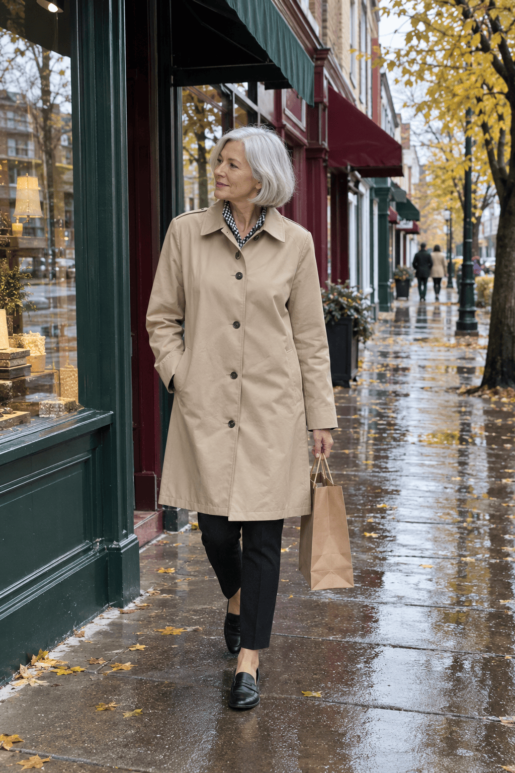 stone trench coat buttoned closed with no belt over a black-and-white gingham shirt, black ankle-length cigarette pants and black penny loafers, casual outfit for women over 60