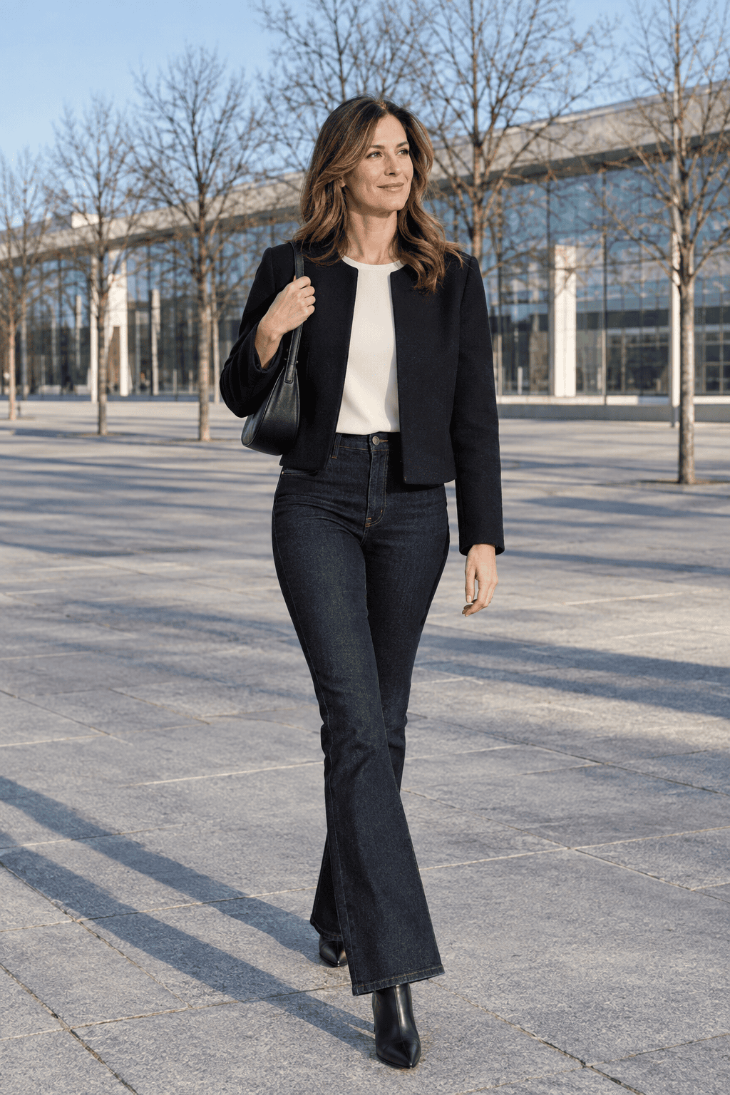 ankle boots with bootcut jeans in winter: dark indigo full-length bootcut jeans, black collarless merino cropped jacket, ivory blouse and black pointed-toe ankle boots