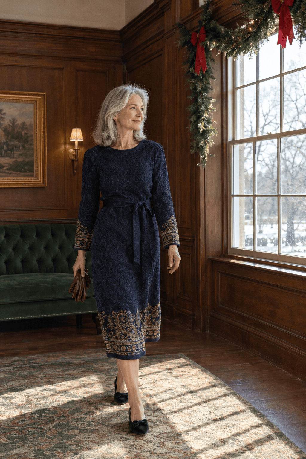 holiday luncheon outfit for women over 60: navy long-sleeve jacquard midi dress with a gold paisley border and emerald velvet pointed bow flats