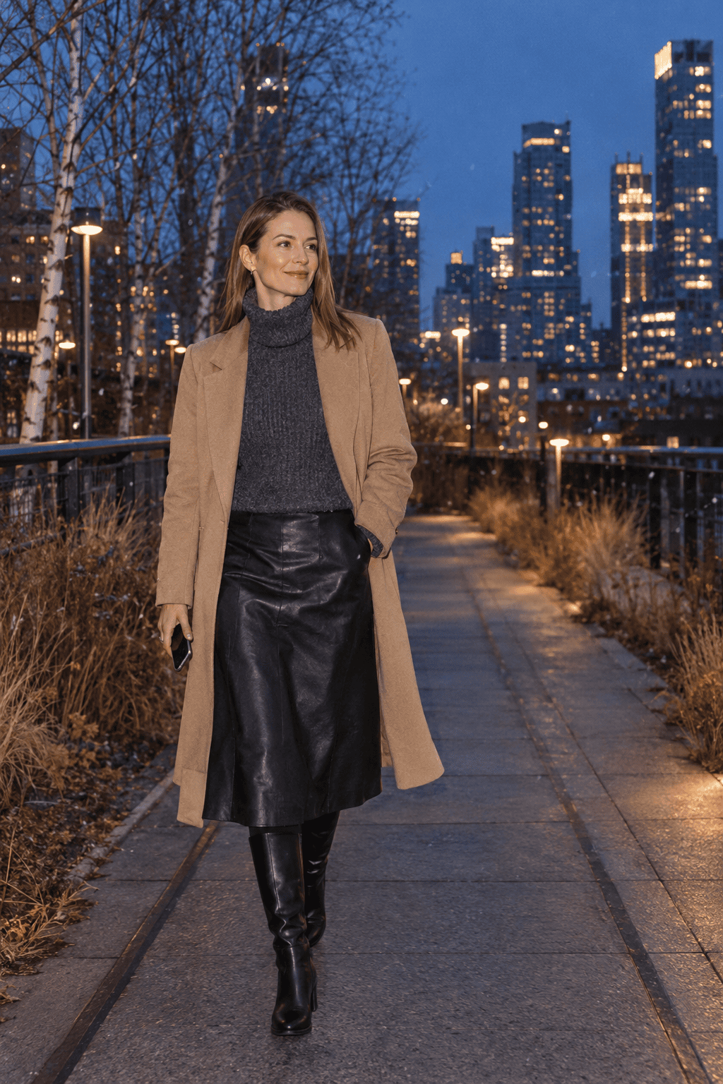 winter evening drinks outfit: camel cashmere car coat, charcoal fisherman turtleneck, black leather A-line midi skirt and black leather boots