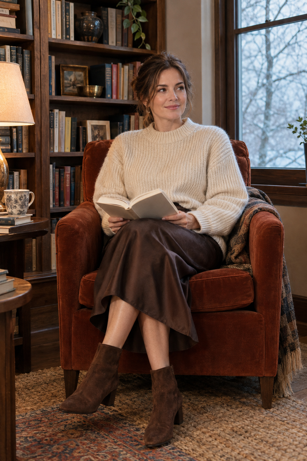 ivory chunky ribbed cashmere sweater with chocolate silk midi skirt and brown suede ankle boots, winter capsule outfit