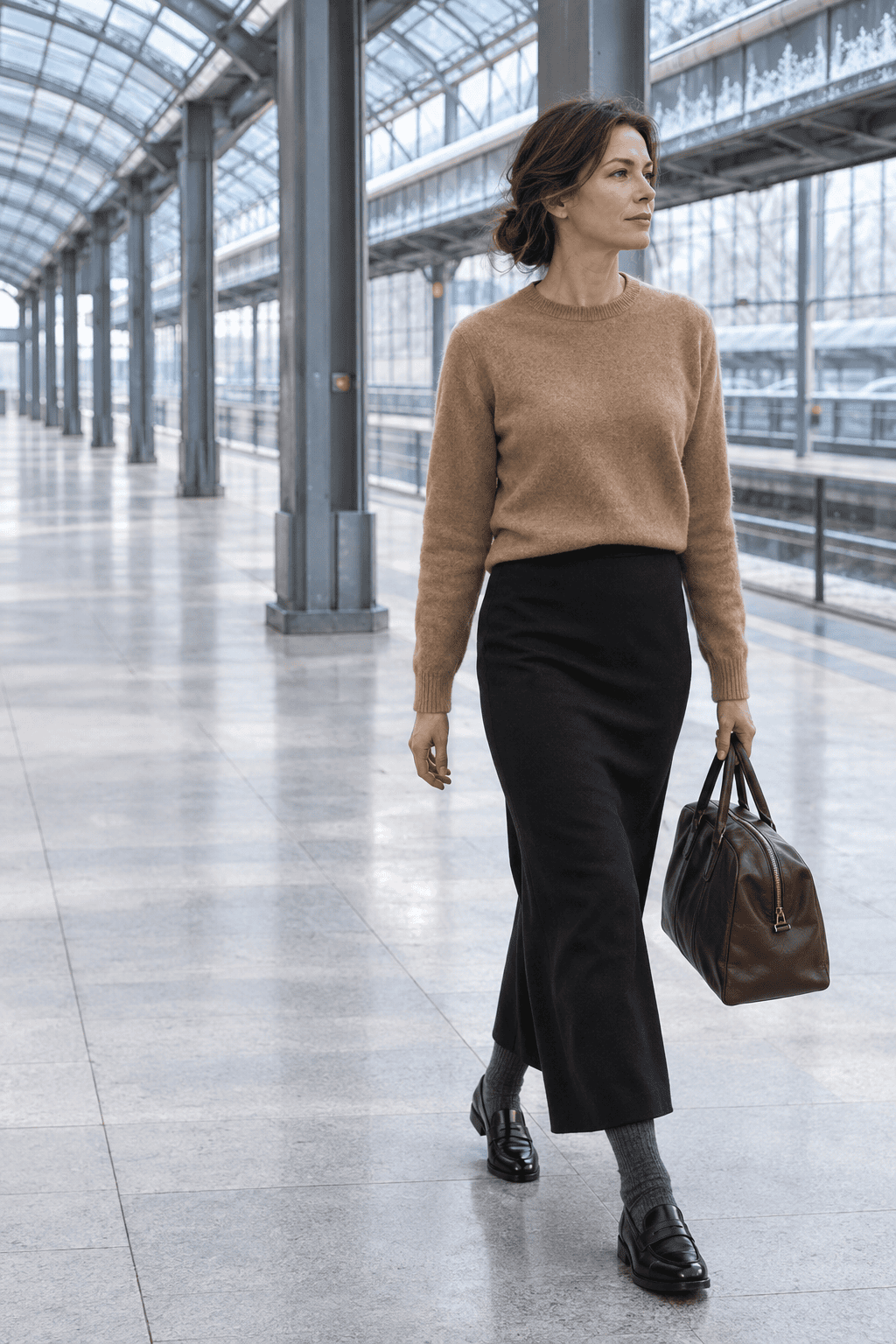 long skirt winter outfit for a travel day: black ponte maxi skirt with a camel cashmere crewneck, grey ribbed cashmere socks and black penny loafers