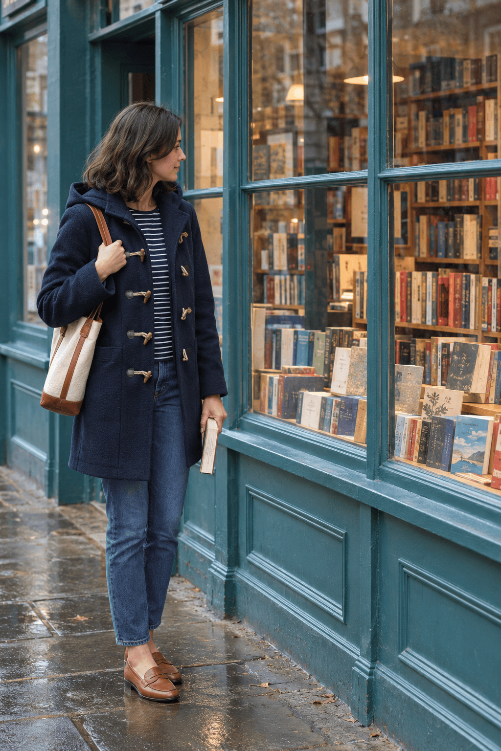 London winter outfit for a bookshop afternoon: navy lambswool duffle coat, navy Breton stripe top, mid-blue straight jeans and tan penny loafers