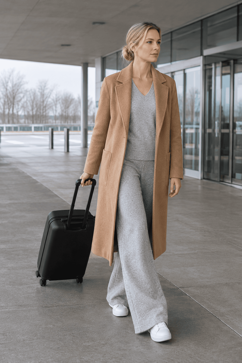simple winter travel outfit that looks expensive: matching light grey knit sweater and wide knit trousers under a long camel wool coat