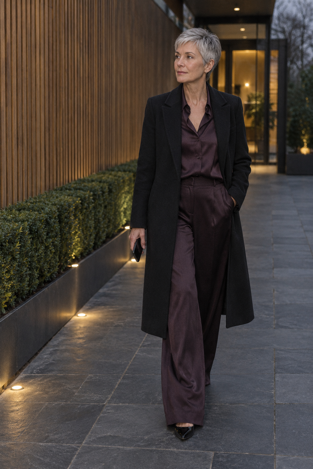 winter wedding guest outfit for women over 50: chocolate plum silk shirt and matching wide-leg silk trousers, long black tailored coat and black patent pointed flats