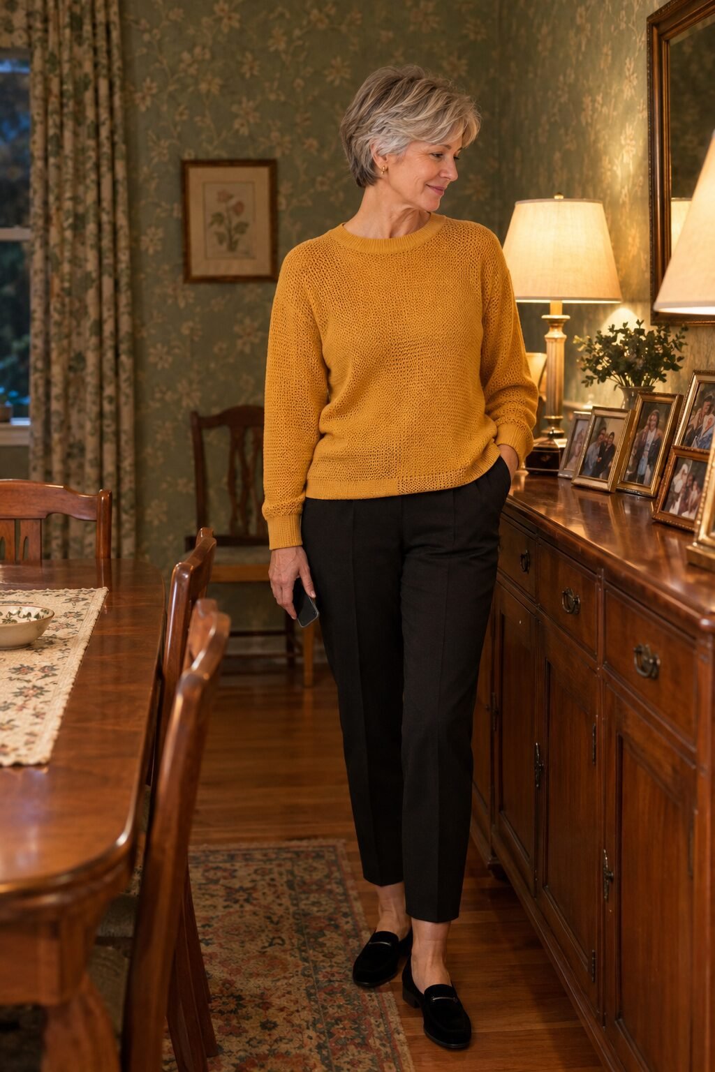 at-home rehearsal dinner outfit for the mother of the groom: turmeric merino knit pullover with black cigarette trousers and black velvet loafers