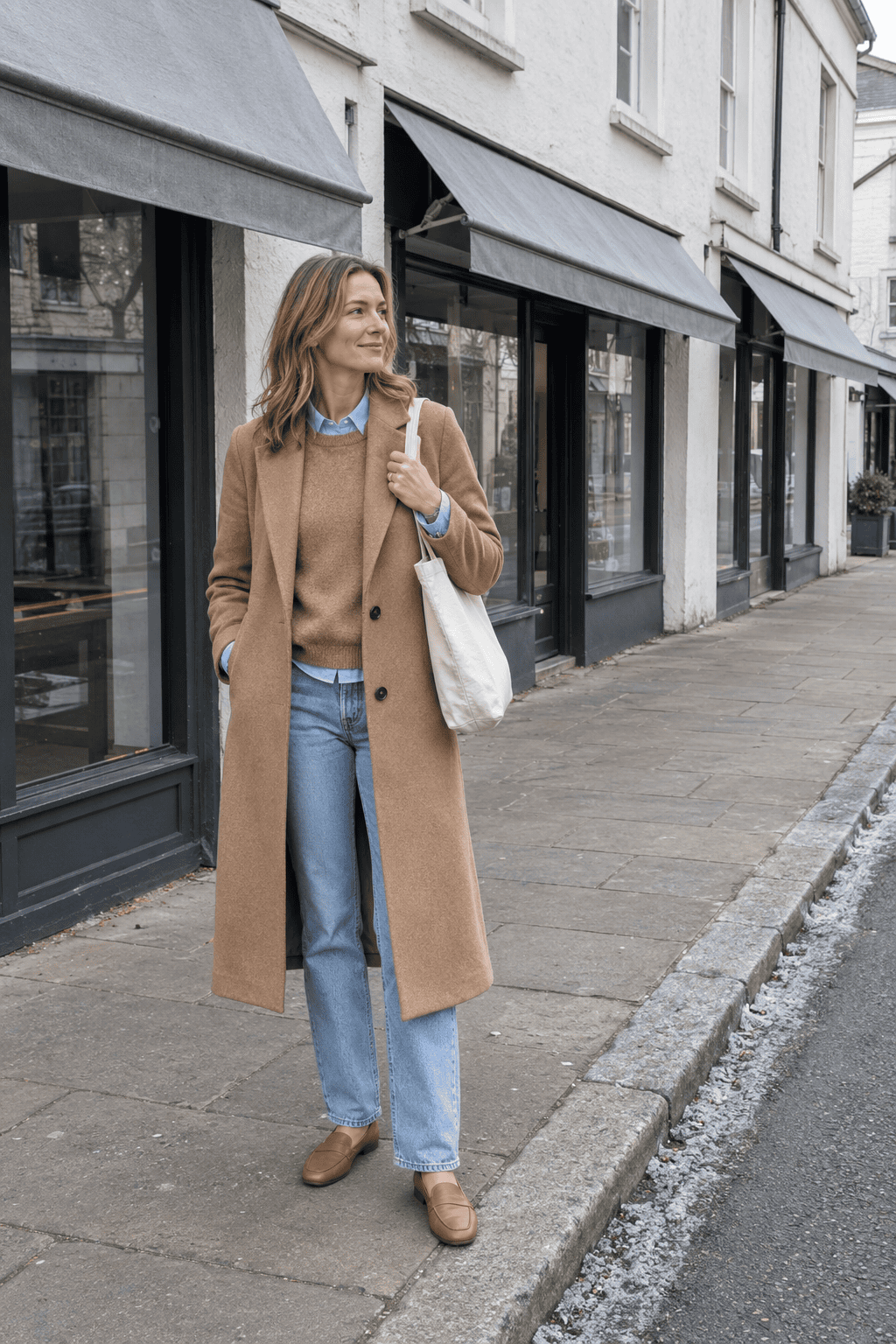 old money winter color combination camel and pale blue: long camel wool coat over a camel cashmere crewneck with a pale blue oxford shirt collar showing and light blue straight jeans