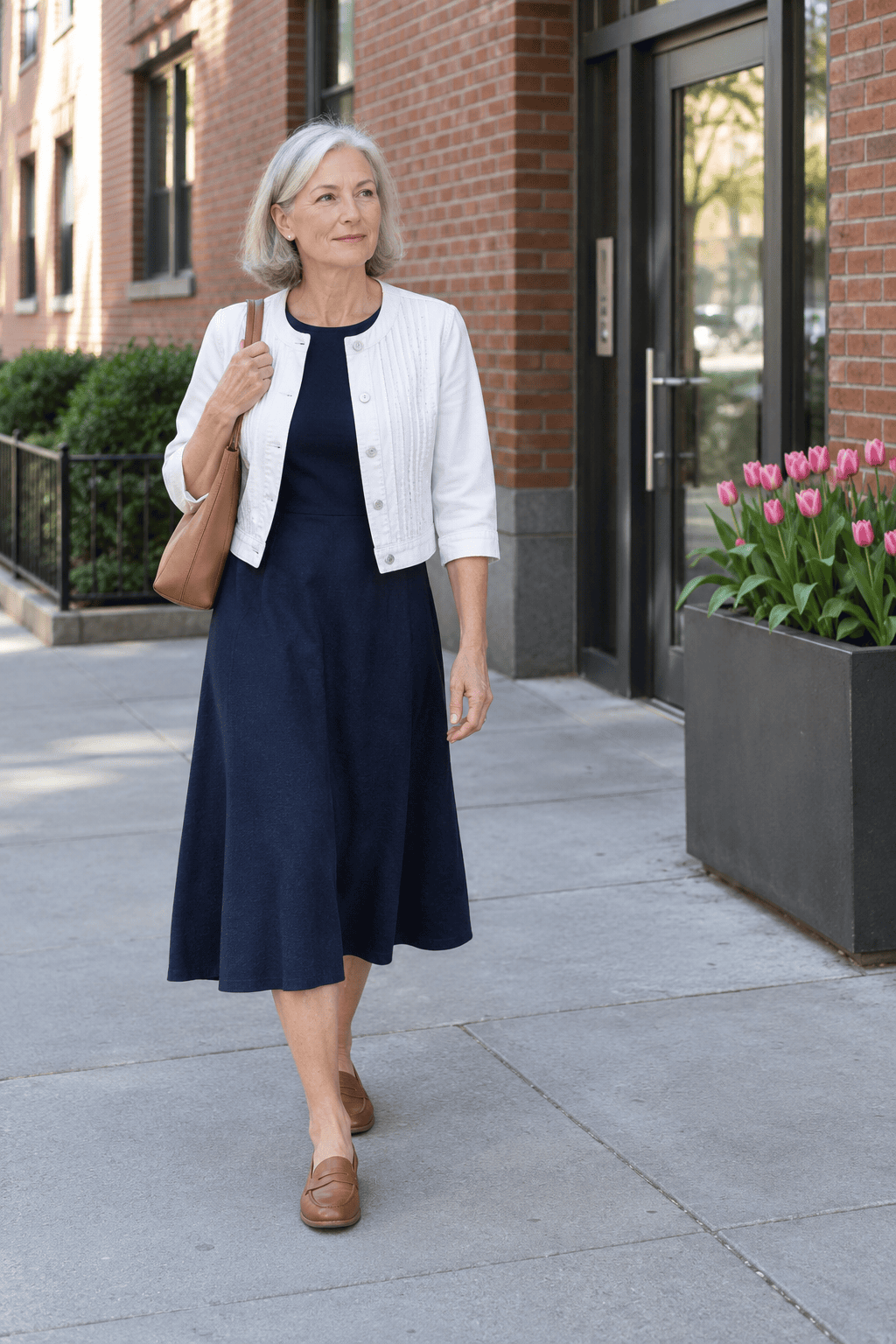 Mother's Day lunch outfit for women over 60: navy short-sleeve ponte mid-calf dress with a cropped white denim jacket and light brown leather penny loafers