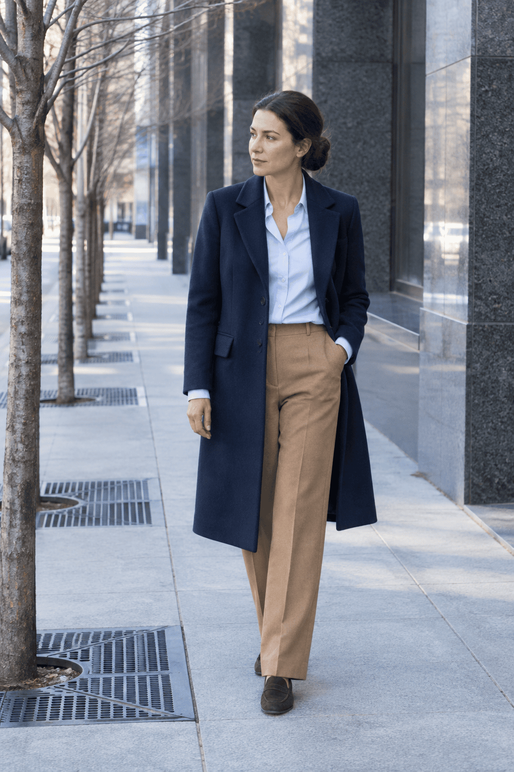 italian winter style for women: navy single-breasted topcoat, pale blue oversized cotton shirt, camel straight wool trousers and dark brown suede penny loafers