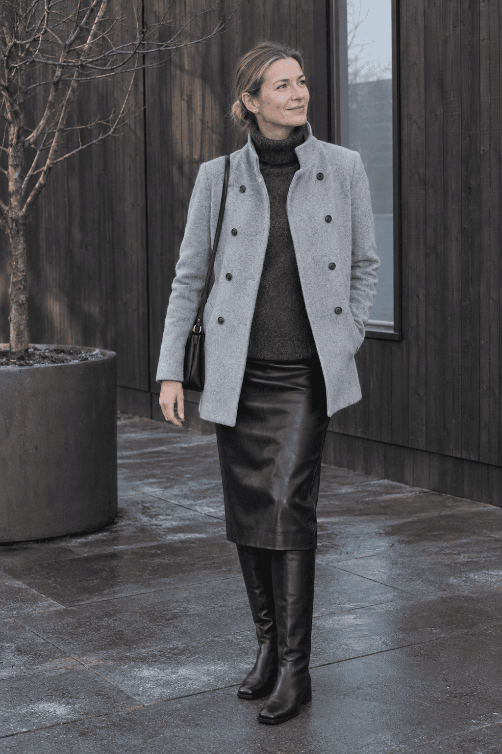 evening winter outfit for women over 40: light grey short double-breasted wool coat, dark grey cashmere turtleneck, black faux leather pencil skirt and black knee boots