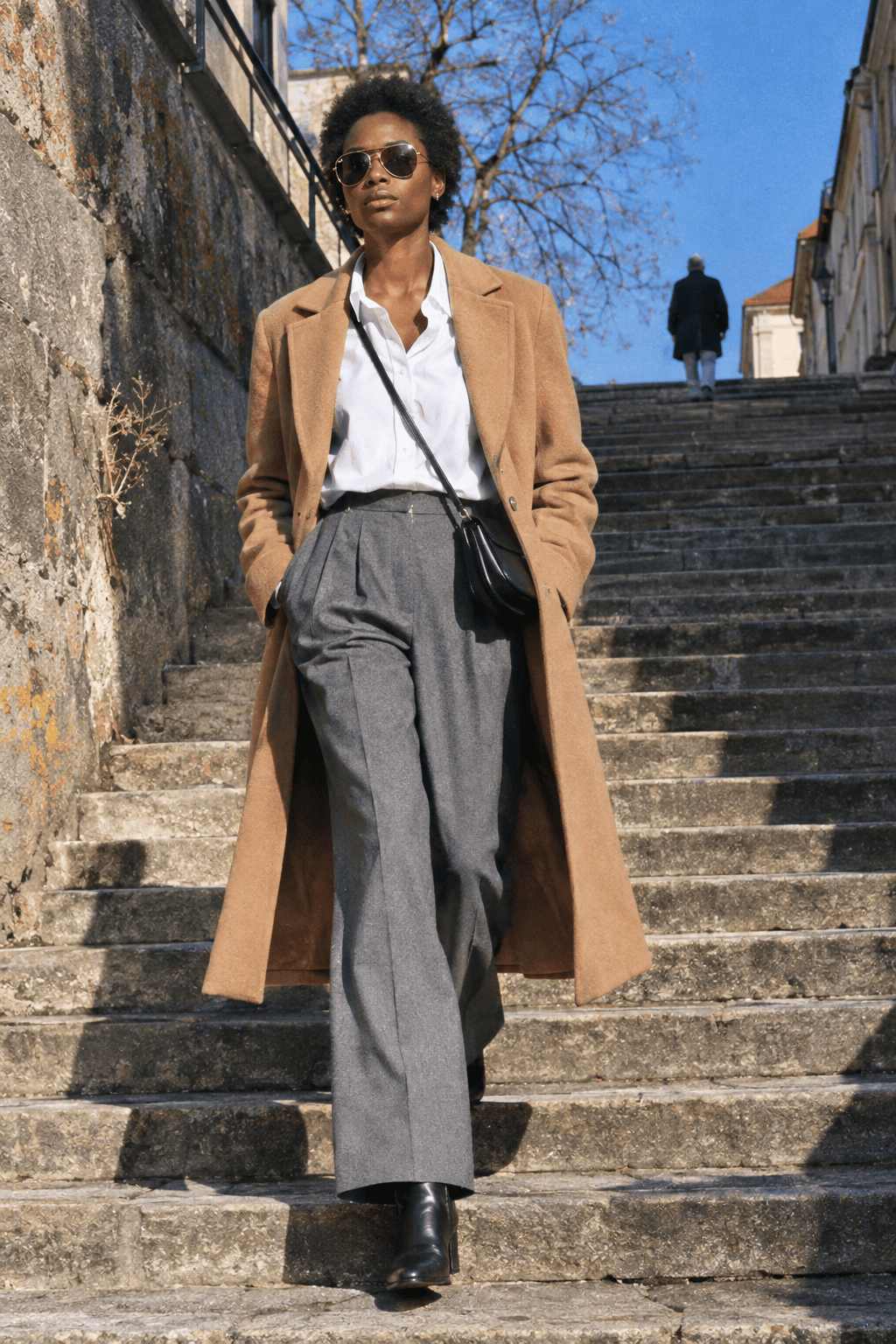 2027 capsule wardrobe commute outfit: camel topcoat worn open over a white cotton shirt, grey pleated trousers and black ankle boots